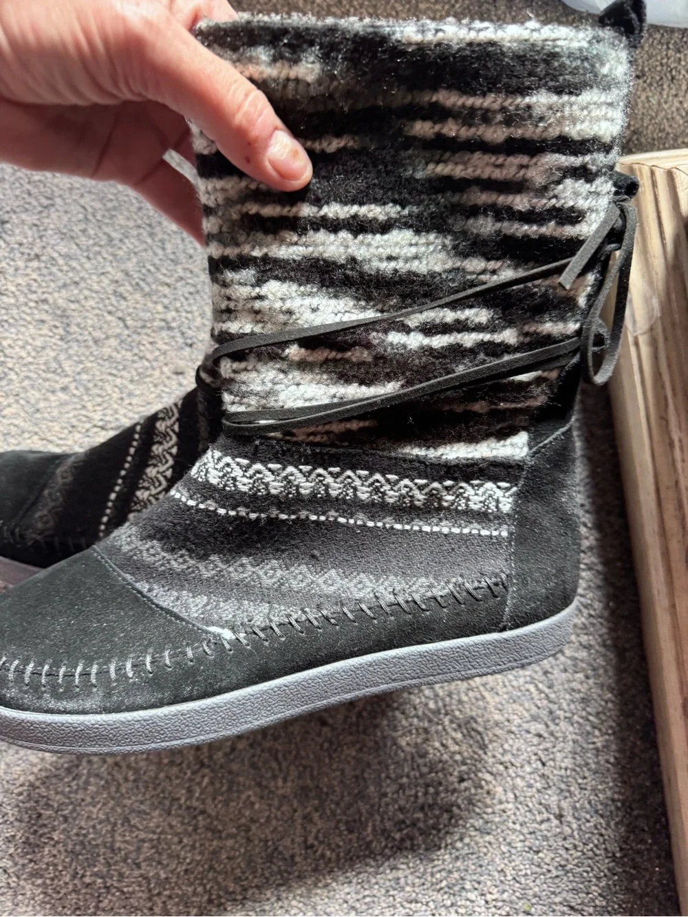 Toms Black and White Patterned Knit-Trim Women's Winter Boots